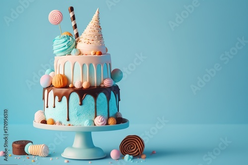Foto Birthday colorful cake decorated with sweets on a blue background poured with chocolate