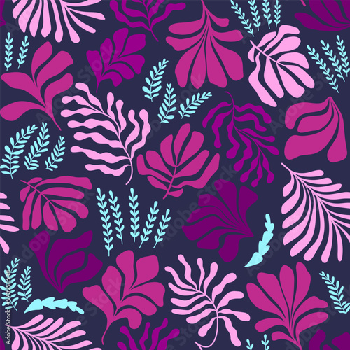 Abstract background with leaves and flowers, Matisse style. Vector seamless pattern with Scandinavian cut out elements.