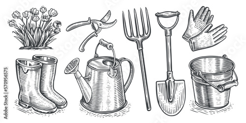 Garden tools, equipment set. Gardening, horticulture concept. Collection of objects. Vintage sketch vector illustration photo