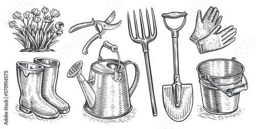 Garden tools, equipment set. Gardening, horticulture concept. Collection of objects. Vintage sketch vector illustration