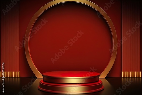Abstract Red Gold Podium product with copy space. Modern geometric background. AI
