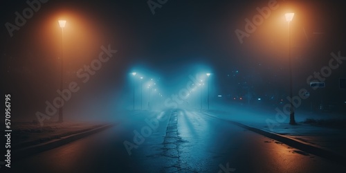 The empty city street and wet road with street lights.Thick fog. Epic dark blue background.
