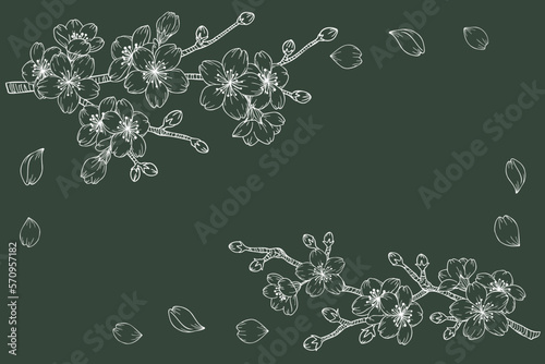 枝に咲いている桜のチョークアート風パーツイラストセット　白線、ベクター