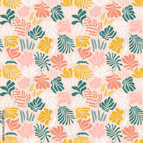 Abstract background with leaves and flowers, Matisse style. Vector seamless pattern with Scandinavian cut out elements. © Oleksandra