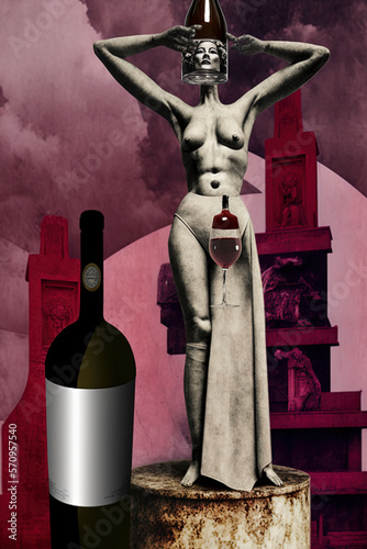 Collage art with a sculpture drinkin wine.. Wine is an artwork. Muped color. photo