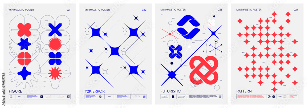 Brutalist style vector minimalistic Posters with silhouette basic figures, extraordinary graphic elements of geometrical shapes composition, Modern color print artwork, set 6