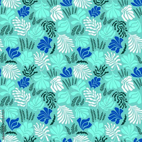 Abstract background with leaves and flowers, Matisse style. Vector seamless pattern with Scandinavian cut out elements.