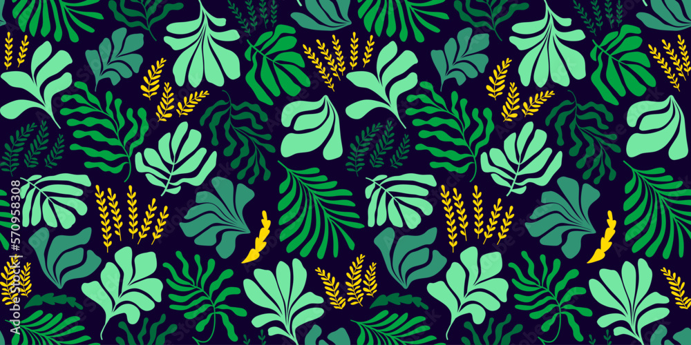 Abstract background with leaves and flowers, Matisse style. Vector seamless pattern with Scandinavian cut out elements.