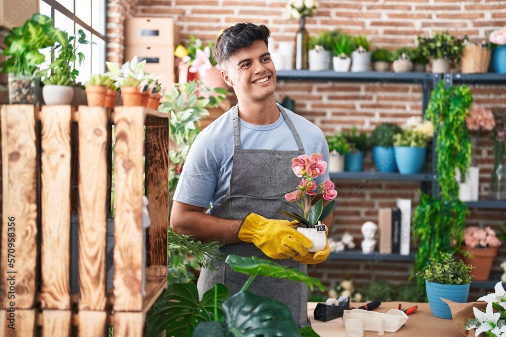 Young hispanic man florist smiling confident holding plant at flower shop Young hispanic man florist smiling confident holding plant at flower shop