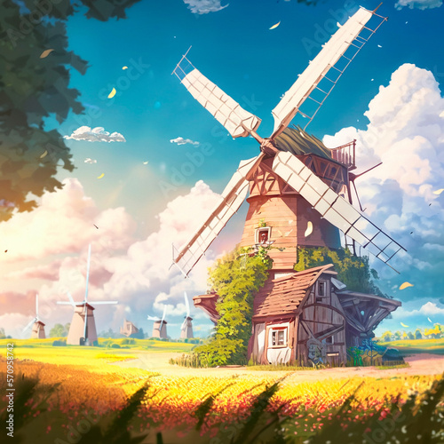 Mills in the fields, anime style. High quality illustration