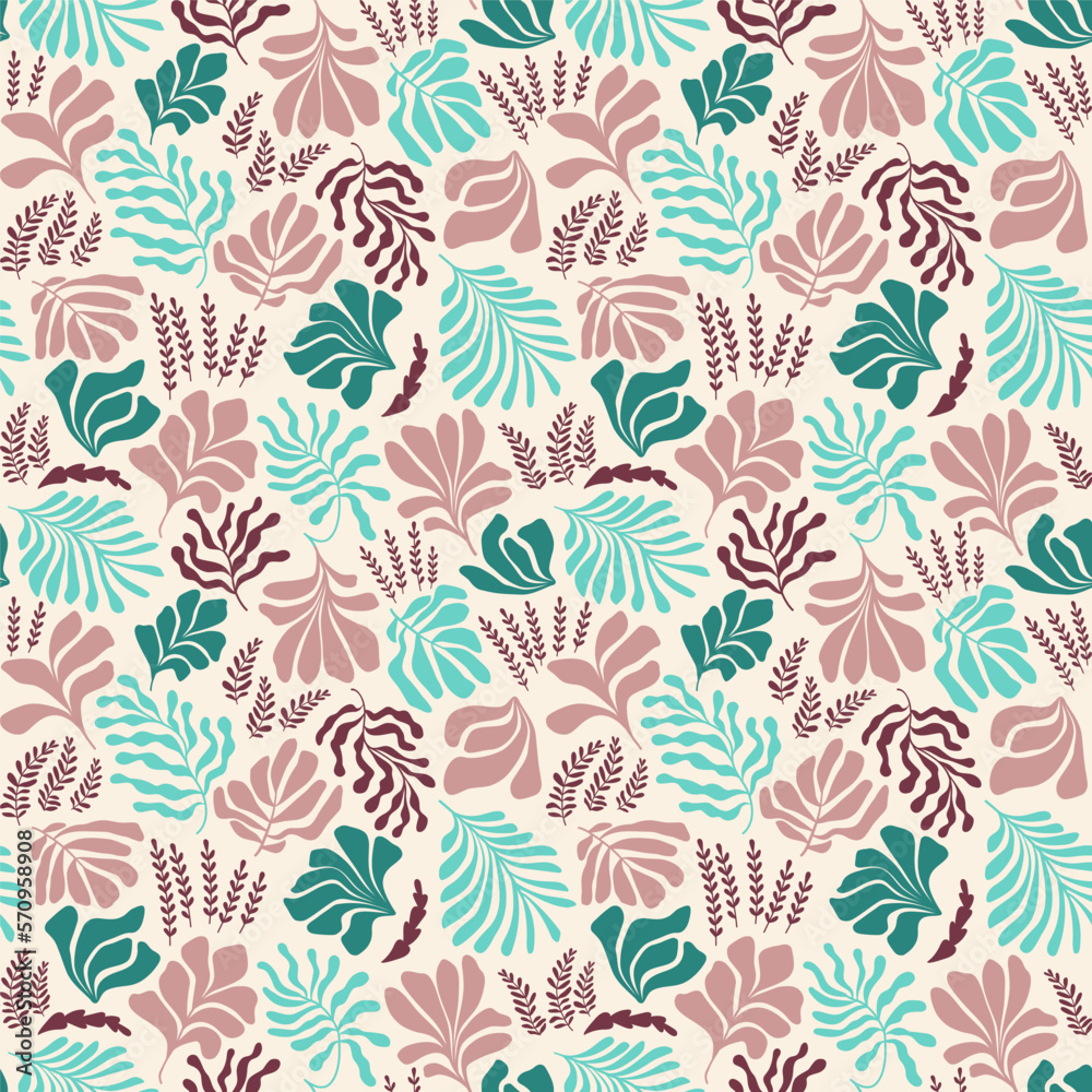 Fototapeta premium Abstract background with leaves and flowers, Matisse style. Vector seamless pattern with Scandinavian cut out elements.