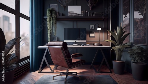 Small office interior, warm tourmaline colors, generative ai, with a table and chairs in the middle of the room with a plant in the corner of the room.