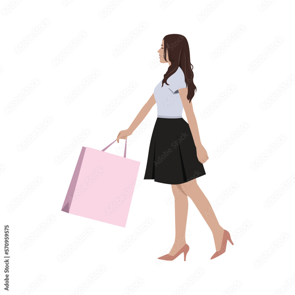 Fashionable woman walking holding packages with clothes after shopping side view. Vector illustration. Come out of shop flat style. Shopping, fashion concept