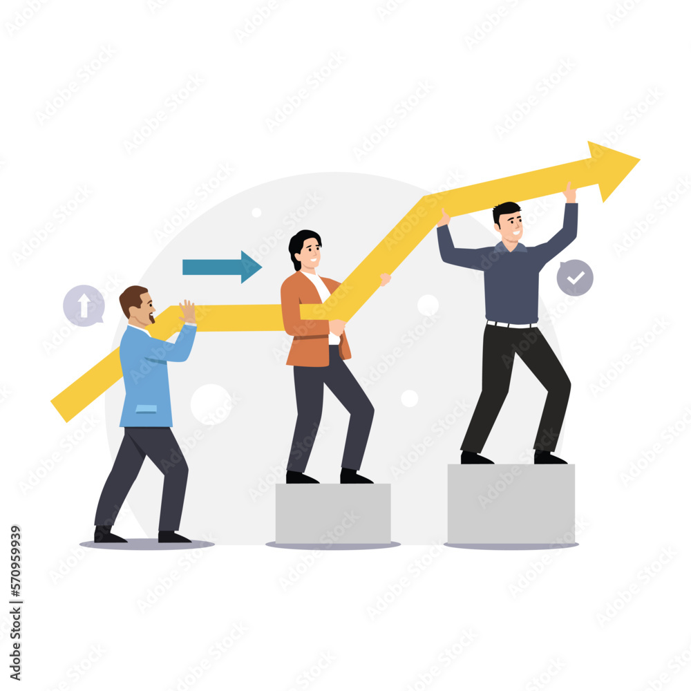 Businesspeople holding big arrow. Handsome businessman boss leads and directs. Company teamwork banner template. Woman accountant with board- profit. Stock market analysis