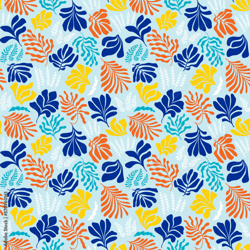 Abstract background with leaves and flowers, Matisse style. Vector seamless pattern with Scandinavian cut out elements.