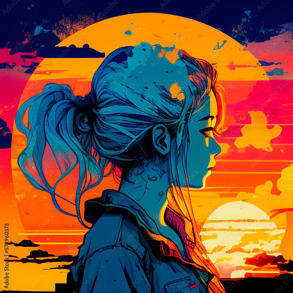 Cute anime girl watching the sunset. High quality illustration Stock ...