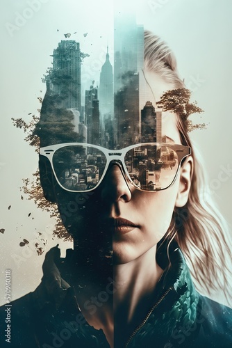 Conceptual double exposure: woman in sunglasses and megalopolis. Career growth. Urban citizen. Non-real person. AI generated photo