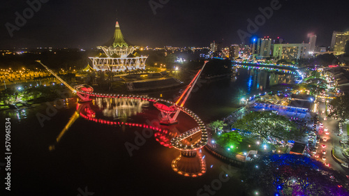 aerial view of Kuching city, Sarawak Malaysia. Night shot