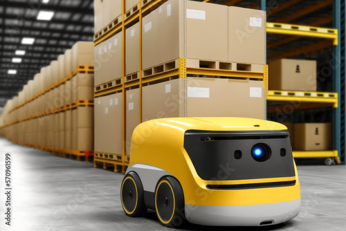 Autonomous robot transportation in modern large warehouse.