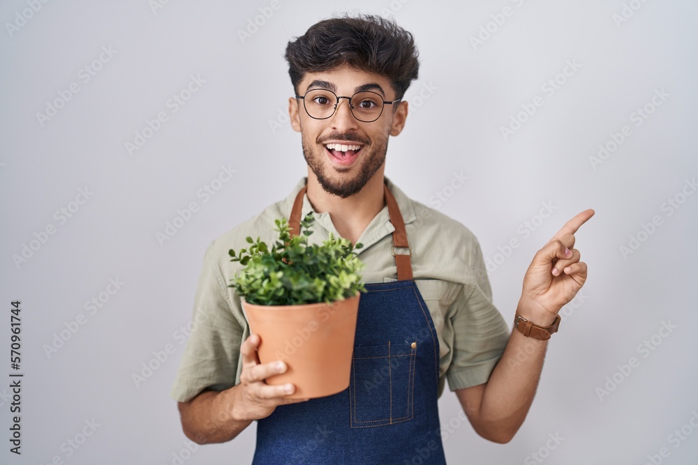 Arab man with beard holding green plant pot with a big smile on face, pointing with hand finger to the side looking at the camera. Arab man with beard holding green plant pot with a big smile on face, pointing with hand finger to the side looking at the camera.