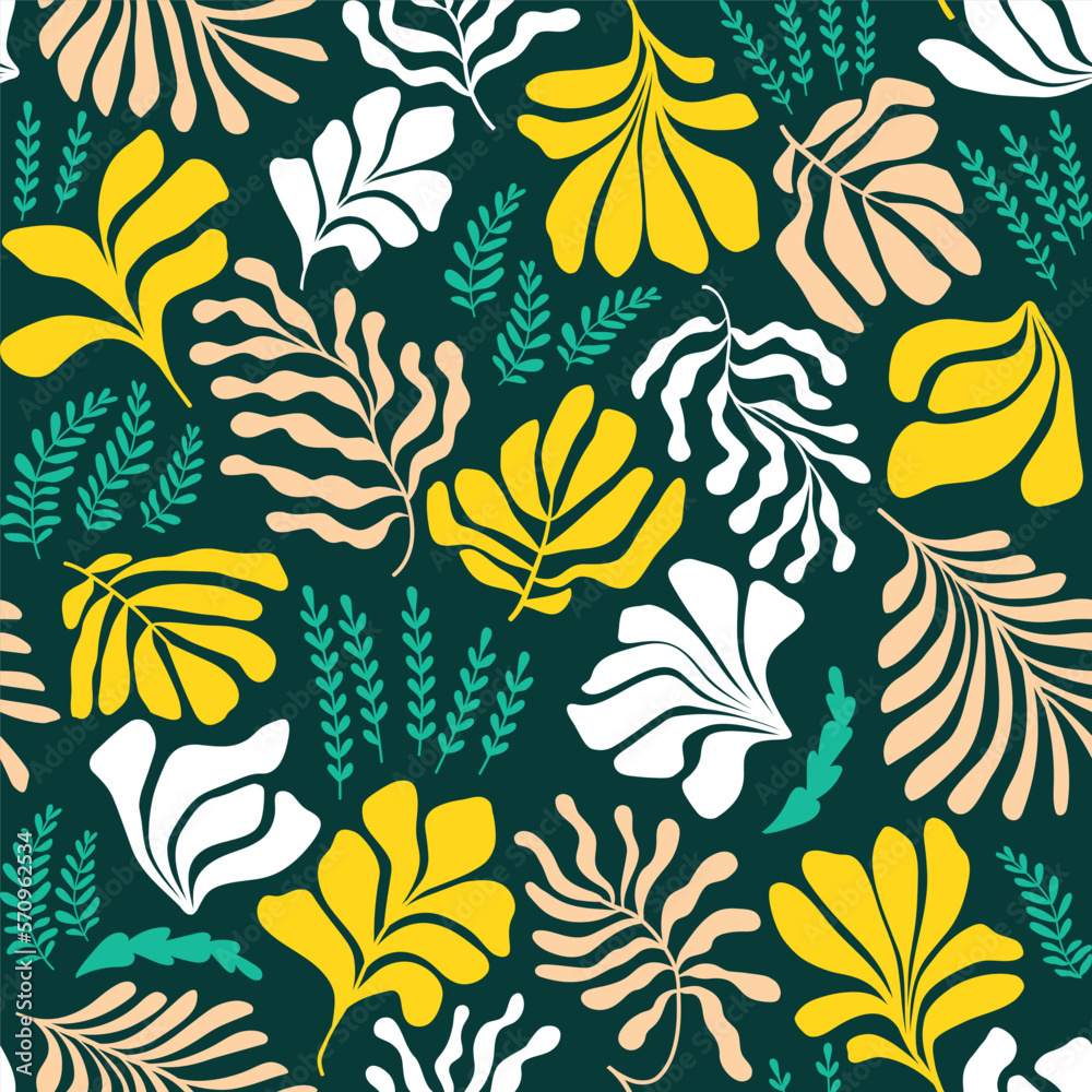 Abstract background with leaves and flowers, Matisse style. Vector seamless pattern with Scandinavian cut out elements. Abstract background with leaves and flowers, Matisse style. Vector seamless pattern with Scandinavian cut out elements.