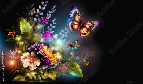 Glowing background with Flowers, butterflys and place for text. Generative AI © EKH-Pictures