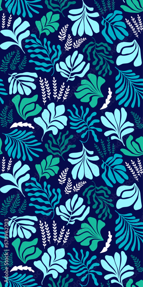 Fototapeta premium Abstract background with leaves and flowers, Matisse style. Vector seamless pattern with Scandinavian cut out elements.