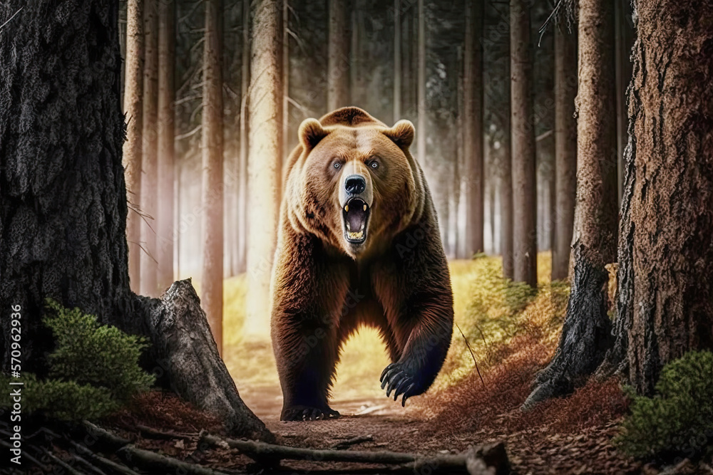 Frightening and terrifying attack by a grizzly brown bear, he runs along the trail and growls with his fangs. Accident in the forest. AI generative - obrazy, fototapety, plakaty 