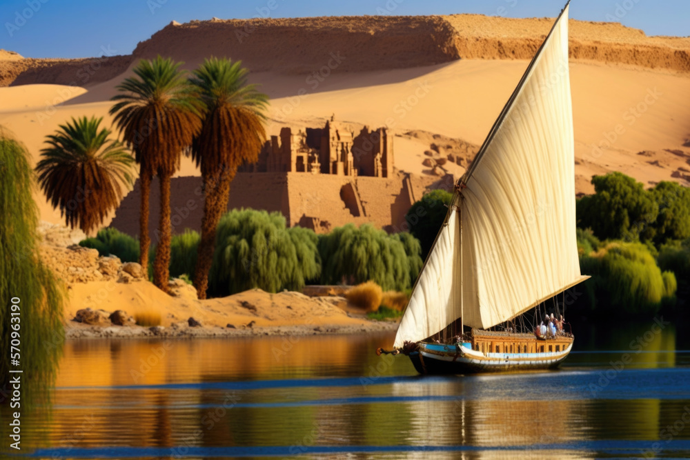 Embark on a thrilling felucca ship adventure down the Nile River, taking in all the sights and sounds of Egypt. From the bustling markets of Cairo to the inspiring temples of Luxor. AI generative - obrazy, fototapety, plakaty 