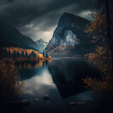 The moody and evocative autumn landscape is dominated by a still lake reflecting the fiery colors of the trees and the misty peaks of the surrounding mountains AI Generative