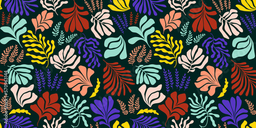 Abstract background with leaves and flowers, Matisse style. Vector seamless pattern with Scandinavian cut out elements.