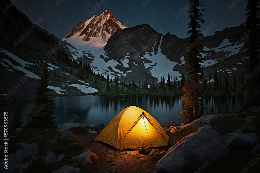 Set against the backdrop of a star-filled night sky, this striking image of a camping tent near a serene lake. The soft glow of a flashlight inside the tent. Generative AI