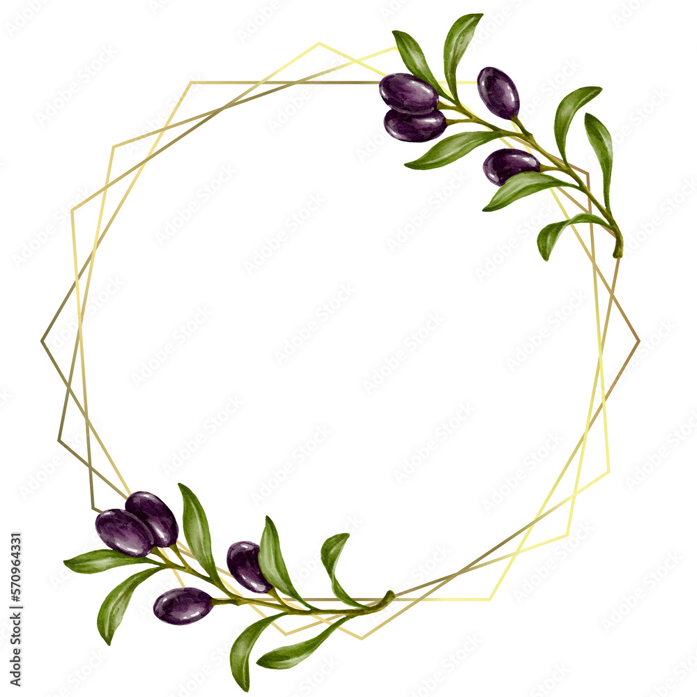 Golden frame with watercolor olive tree branches with fruits.Decoration with botanical elements. Golden frame with watercolor olive tree branches with fruits.Decoration with botanical elements.