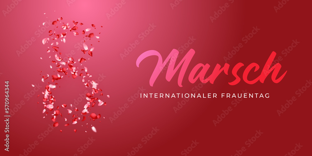 Karte oder Banner für den Internationalen Frauentag am 8. März in Rosa mit Farbverlauf auf einem rosa Hintergrund, ebenfalls mit Farbverlauf und der Zahl 8, die aus hell- und dunkelrosa Blütenblättern