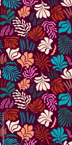 Abstract background with leaves and flowers  Matisse style. Vector seamless pattern with Scandinavian cut out elements.