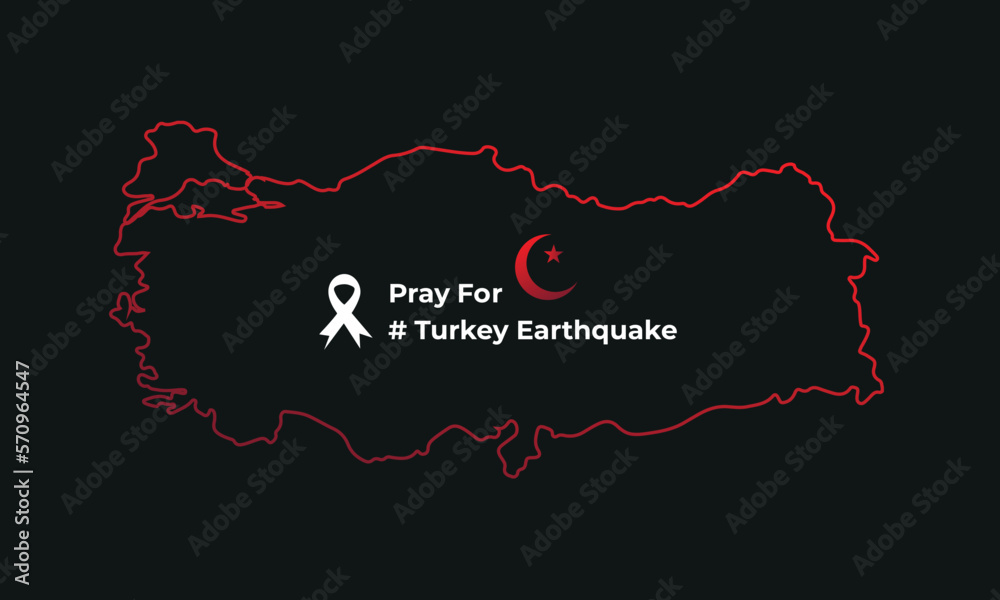 pray for turkey earthquake turkey national flag and map illustration Earthquake tragedy in Turkey background.  Turkey earthquake disaster February 5, 2023