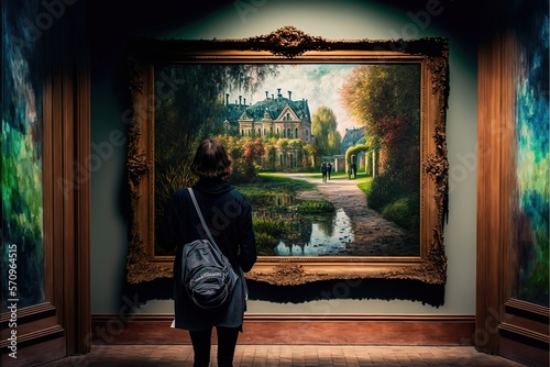 person viewing an impressionist painting, concept of Perception and Aesthetics, created with Generative AI technology