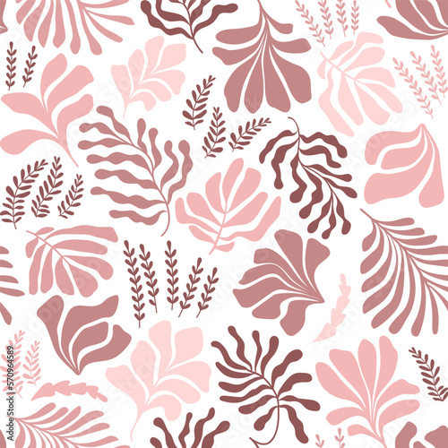 Abstract background with leaves and flowers, Matisse style. Vector seamless pattern with Scandinavian cut out elements.