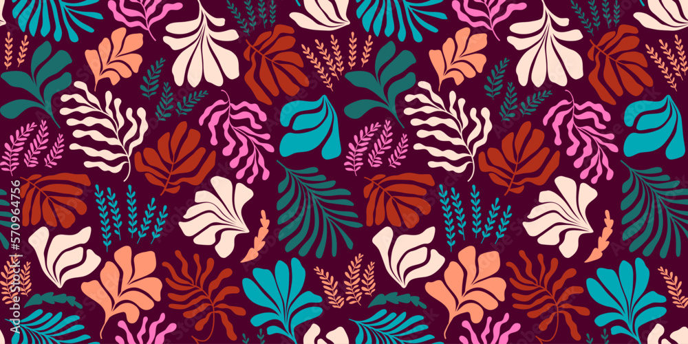 Fototapeta premium Abstract background with leaves and flowers, Matisse style. Vector seamless pattern with Scandinavian cut out elements.