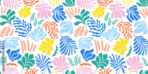 Abstract background with leaves and flowers, Matisse style. Vector seamless pattern with Scandinavian cut out elements.