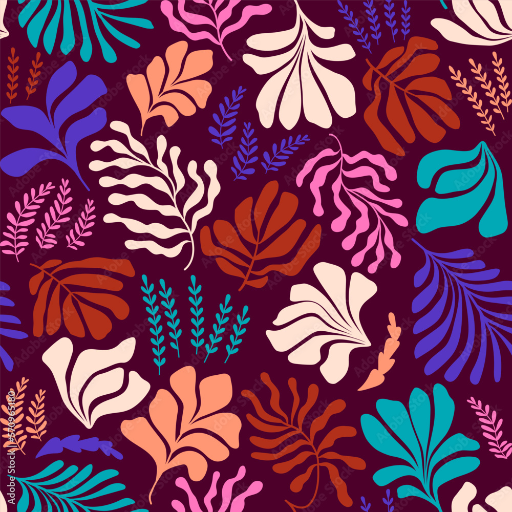 Abstract background with leaves and flowers, Matisse style. Vector seamless pattern with Scandinavian cut out elements. Abstract background with leaves and flowers, Matisse style. Vector seamless pattern with Scandinavian cut out elements.