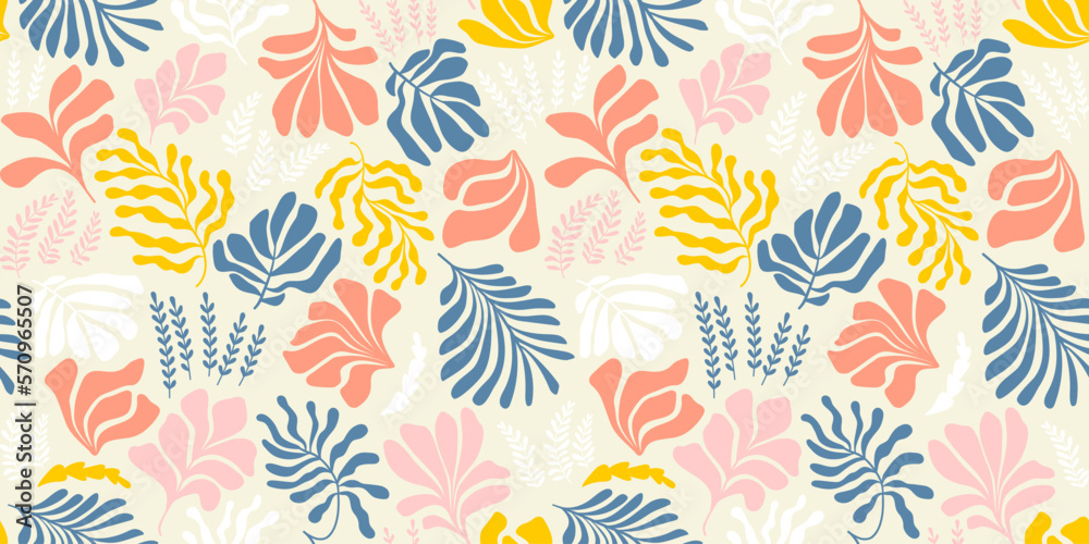 Abstract background with leaves and flowers, Matisse style. Vector seamless pattern with Scandinavian cut out elements. Abstract background with leaves and flowers, Matisse style. Vector seamless pattern with Scandinavian cut out elements.