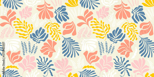 Abstract background with leaves and flowers, Matisse style. Vector seamless pattern with Scandinavian cut out elements.