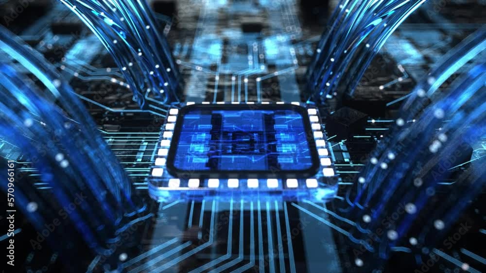 data flow on computer circuit board 3d