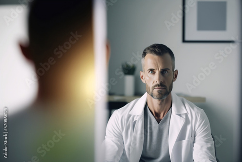 Serious 40-year-old Caucasia doctor in a doctor's surgery, protest concept for patient care and welfare, cuts in the health care system, care for the citizen, generative ai