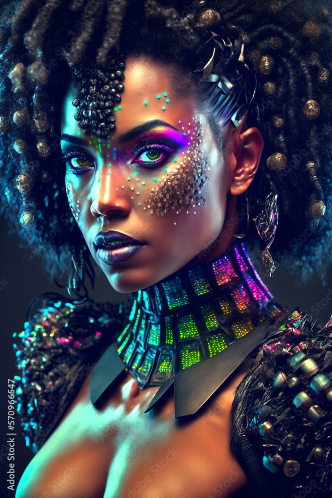 Afrofuturistic African American woman in neon colors, Cyborg Cyberpunk ...