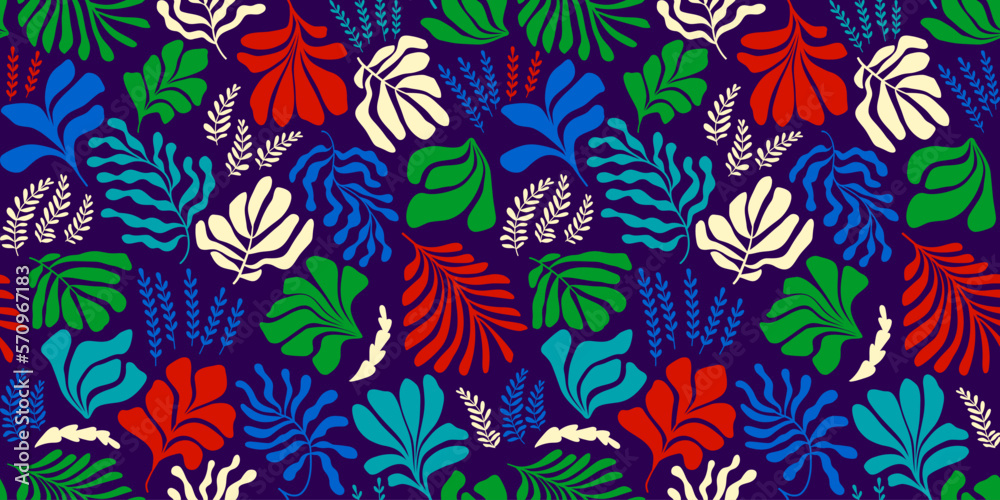 Abstract background with leaves and flowers, Matisse style. Vector seamless pattern with Scandinavian cut out elements.