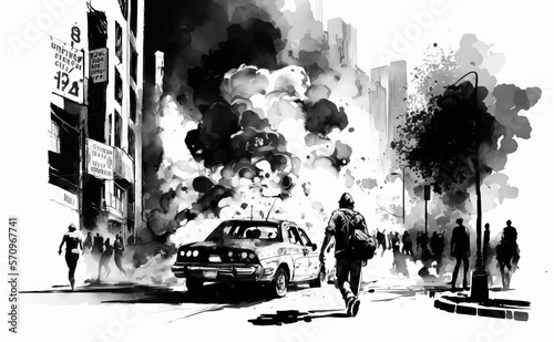 Watercolor riots on the street, uproar, city rampage, urban civil unrest disturbance black and white concept illustration, genereative ai