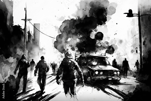Watercolor riots on the street, uproar, city rampage, urban civil unrest disturbance black and white concept illustration, genereative ai