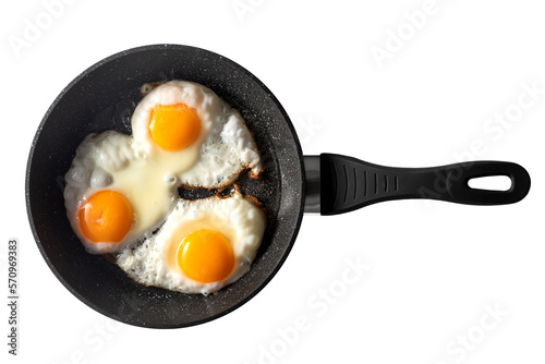 Frying pan with scrambled eggs from 3 eggs on a white background. isolate